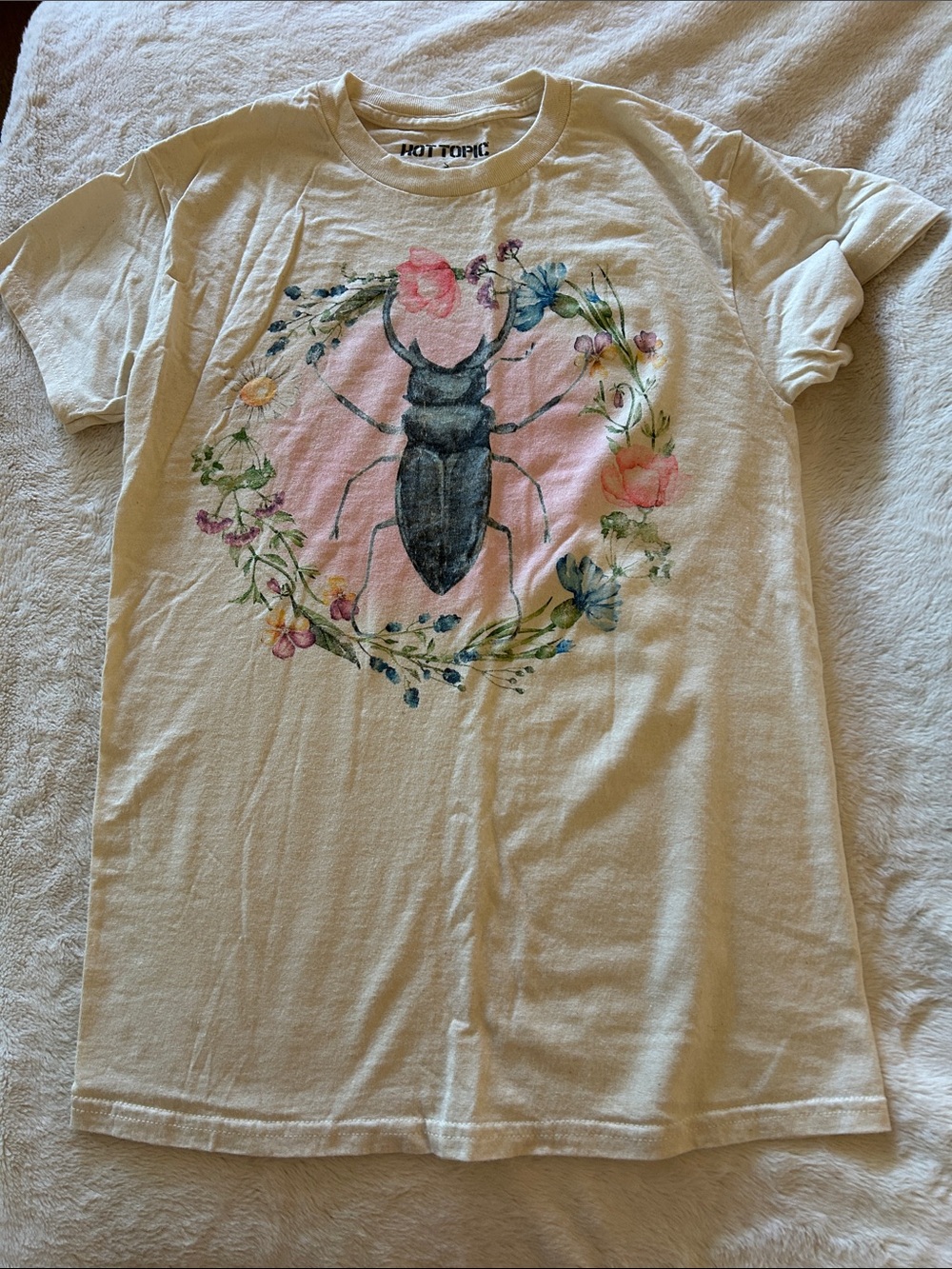 Hot Topic Cream Tee with Black Beetle and Floral Wreath